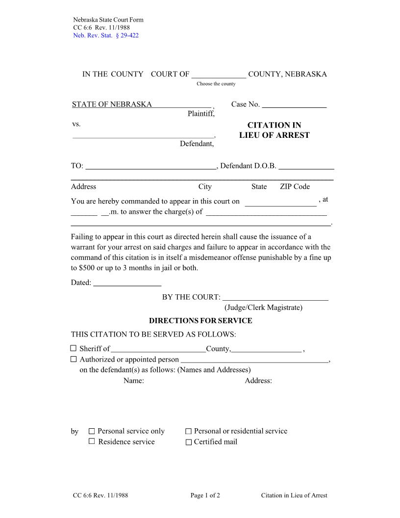 Citation In Lieu Of Arrest {CC-6-6} | Pdf Fpdf Docx | Nebraska
