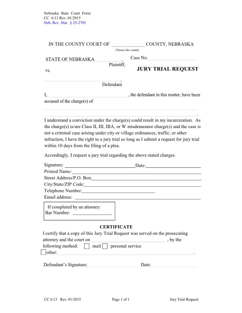 Jury Trial Request {CC-6-13} | Pdf Fpdf Docx | Nebraska