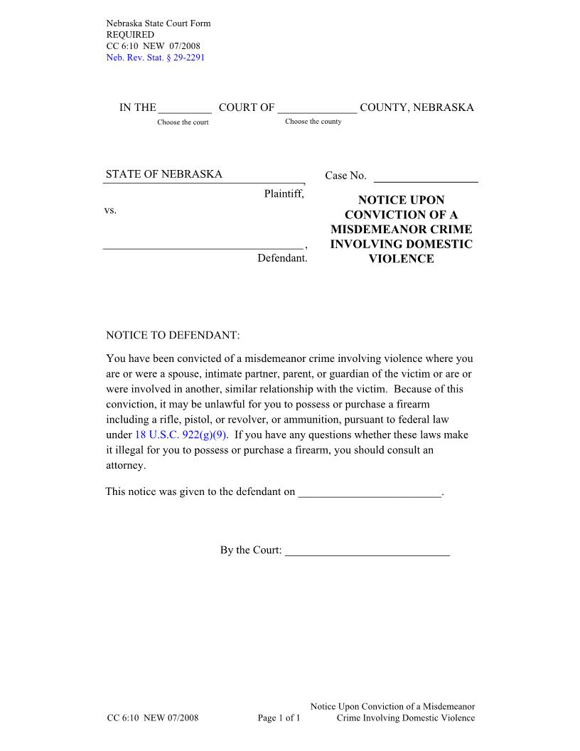 Notice Upon Conviction Of A Misdemeanor Crime Involving Domestic Violence {CC-6-10} | Pdf Fpdf Docx | Nebraska