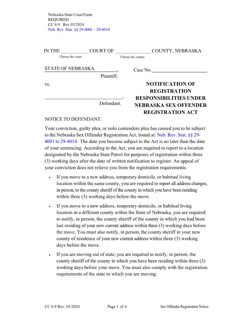 Notification Of Registration Responsibilities Under Nebraska Sex Offender Registration Act {CC-6-9} | Pdf Fpdf Doc Docx | Nebraska