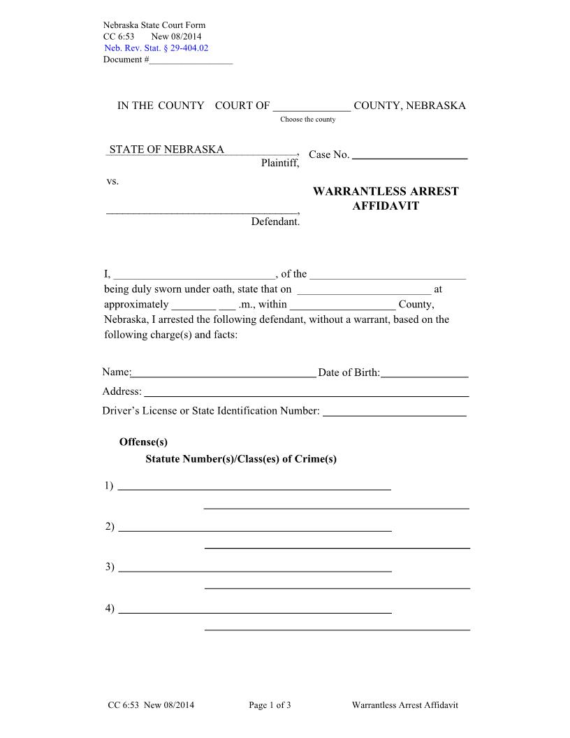 Warrantless Arrest Affidavit {CC-6-53} | Pdf Fpdf Docx | Nebraska