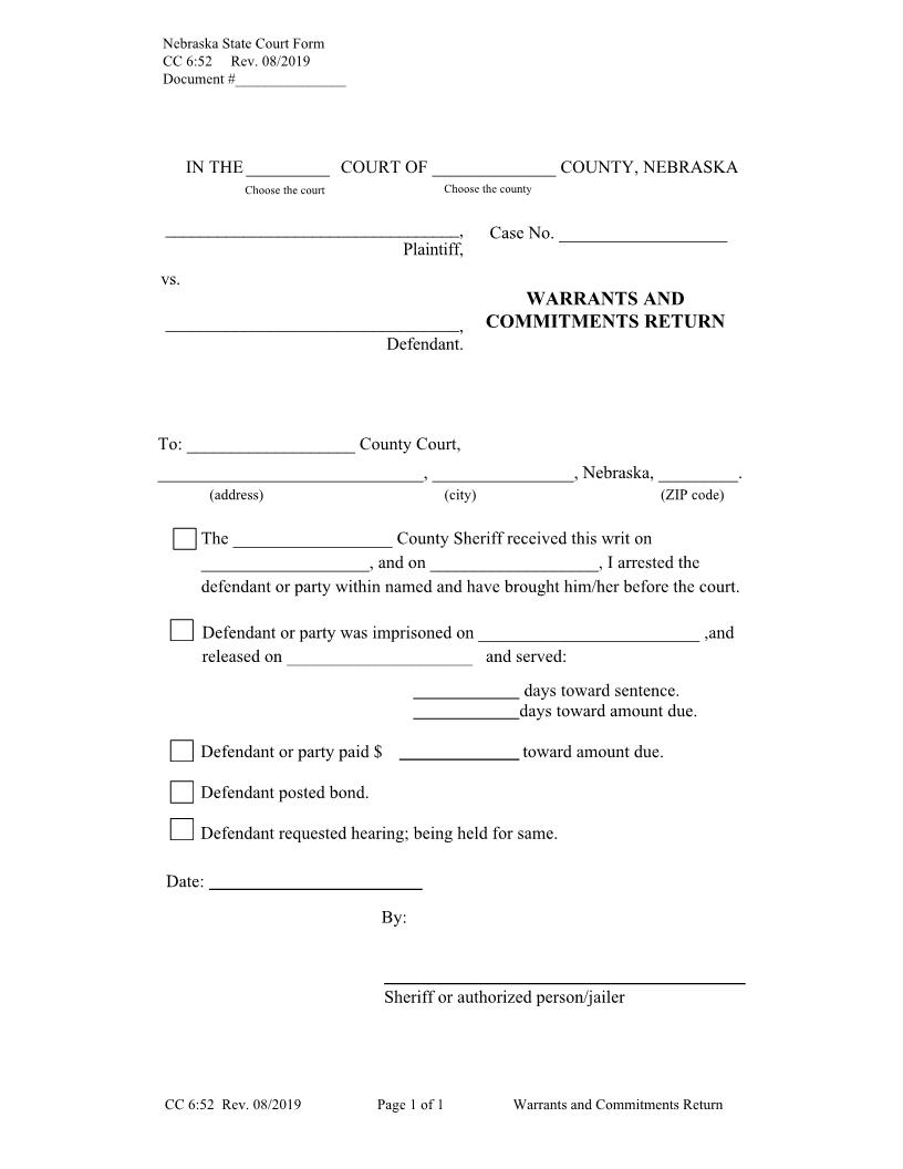 Warrants And Commitments Return {CC-6-52} | Pdf Fpdf Docx | Nebraska