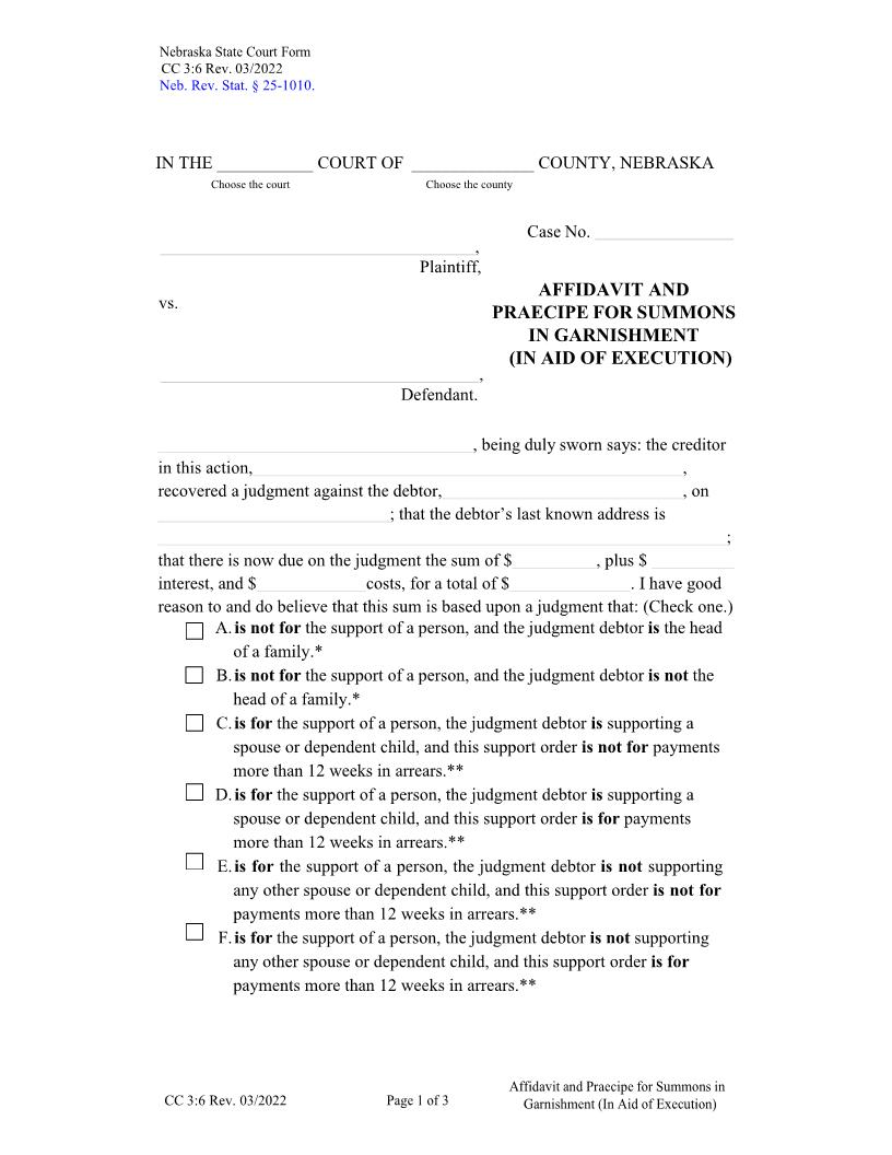 Affidavit And Praecipe For Summons In Garnishment {CC-3-6} | Pdf Fpdf Docx | Nebraska