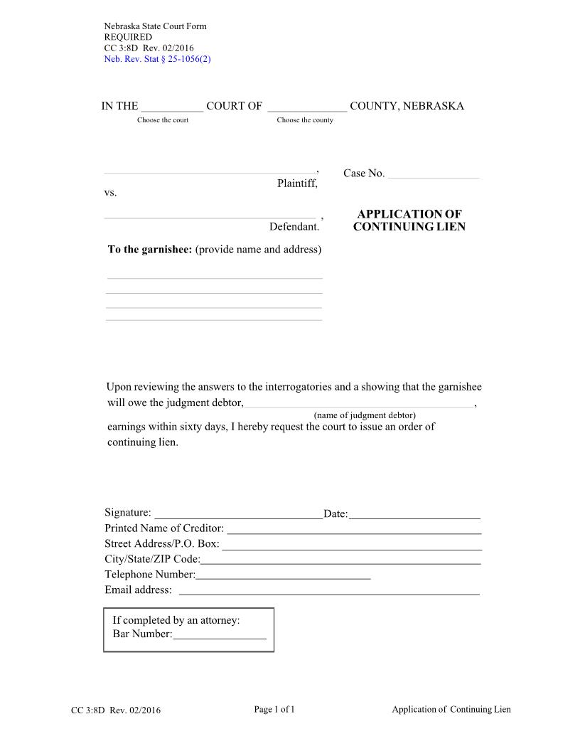 Application Of Continuing Lien {CC-3-8D} | Pdf Fpdf Docx | Nebraska