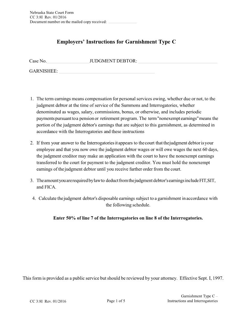 Employers Instructions For Garnishment Type C {CC-3-8I} | Pdf Fpdf Docx | Nebraska