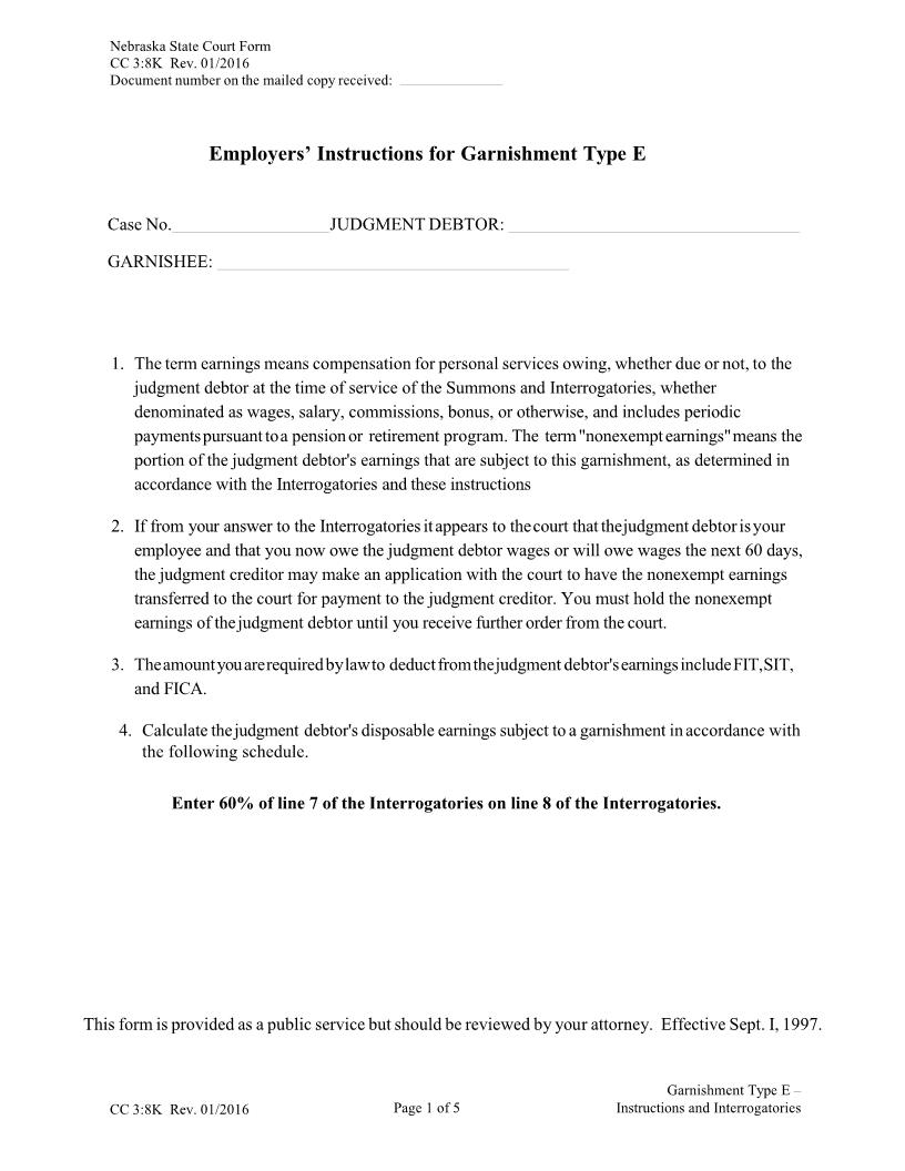 Employers Instructions For Garnishment Type E {CC-3-8K} | Pdf Fpdf Docx | Nebraska