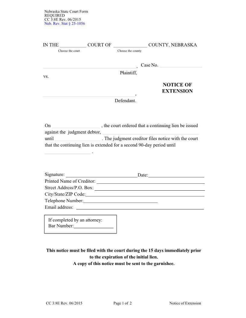 Notice Of Extension {CC-3-8E} | Pdf Fpdf Docx | Nebraska