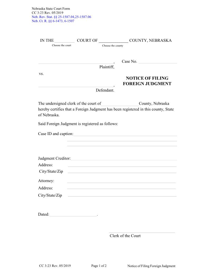 Notice Of Filing Foreign Judgment {CC-3-23} | Pdf Fpdf Docx | Nebraska