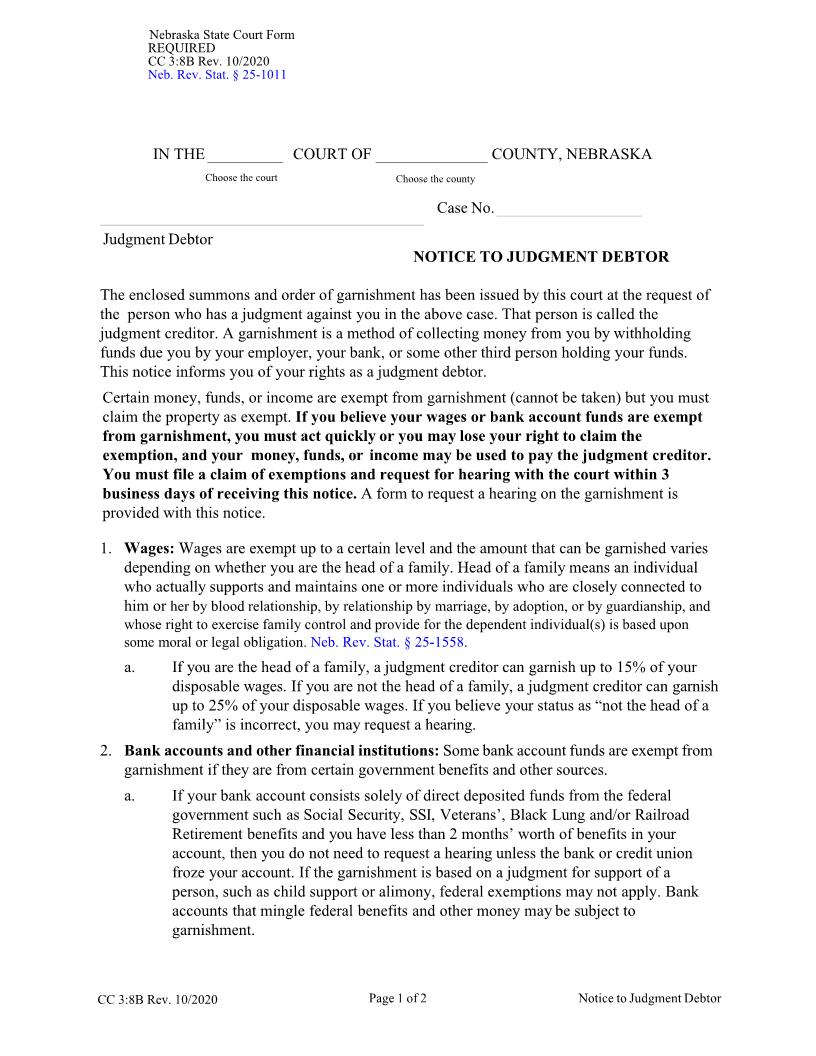 Notice To Judgment Debtor {CC-3-8B} | Pdf Fpdf Docx | Nebraska