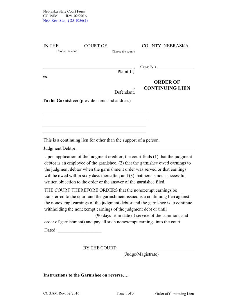 Order Of Continuing Lien {CC-3-8M} | Pdf Fpdf Docx | Nebraska