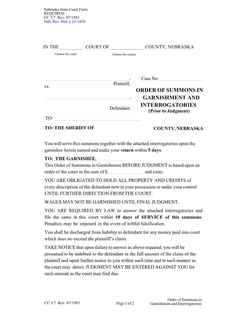 Order Of Summons In Garnishment And Interrogatories {CC-3-7} | Pdf Fpdf Docx | Nebraska