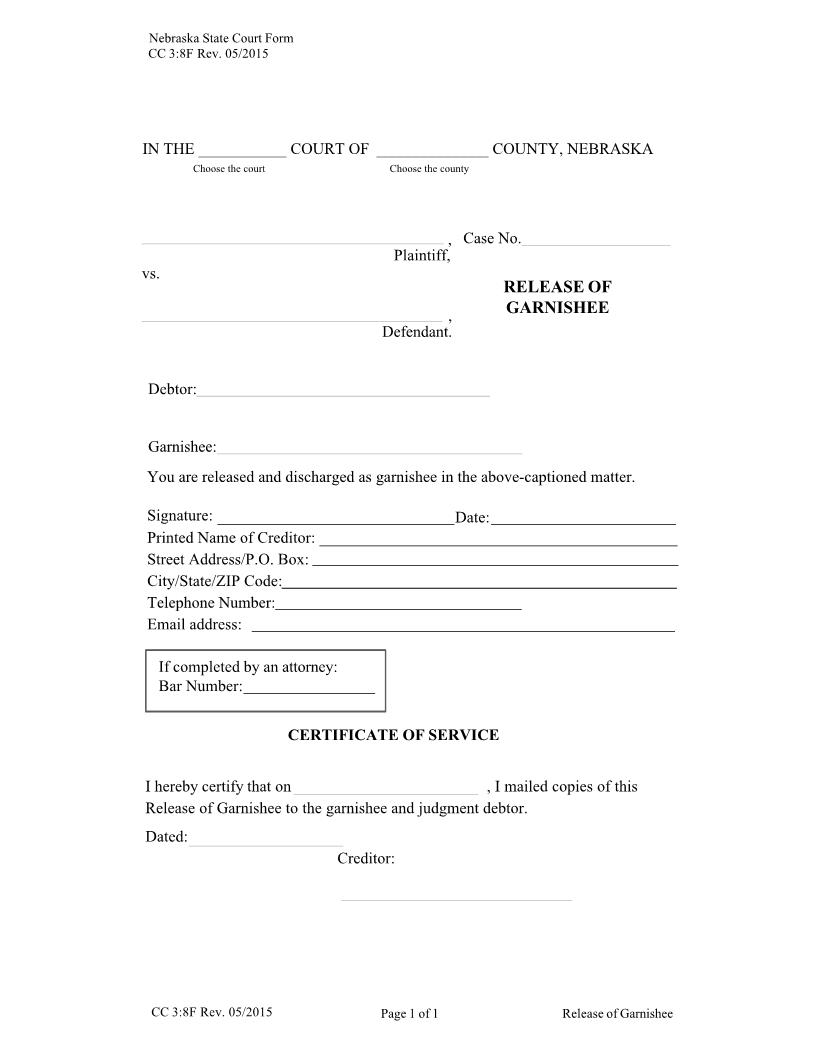 Release Of Garnishee {CC-3-8F} | Pdf Fpdf Docx | Nebraska