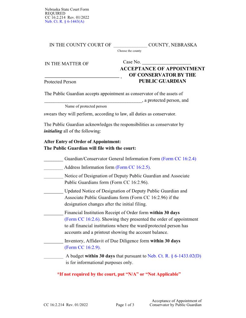 Acceptance Of Appointment Of Conservator By The Public Guardian {CC-16-2-214} | Pdf Fpdf Docx | Nebraska