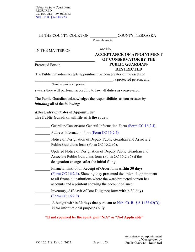 Acceptance Of Appointment Of Conservator By The Public Guardian Restricted {CC-16-2-218} | Pdf Fpdf Docx | Nebraska