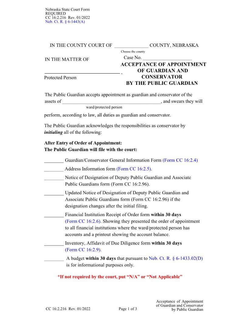 Acceptance Of Appointment Of Guardian And Conservator By The Public Guardian {CC-16-2-216} | Pdf Fpdf Doc Docx | Nebraska