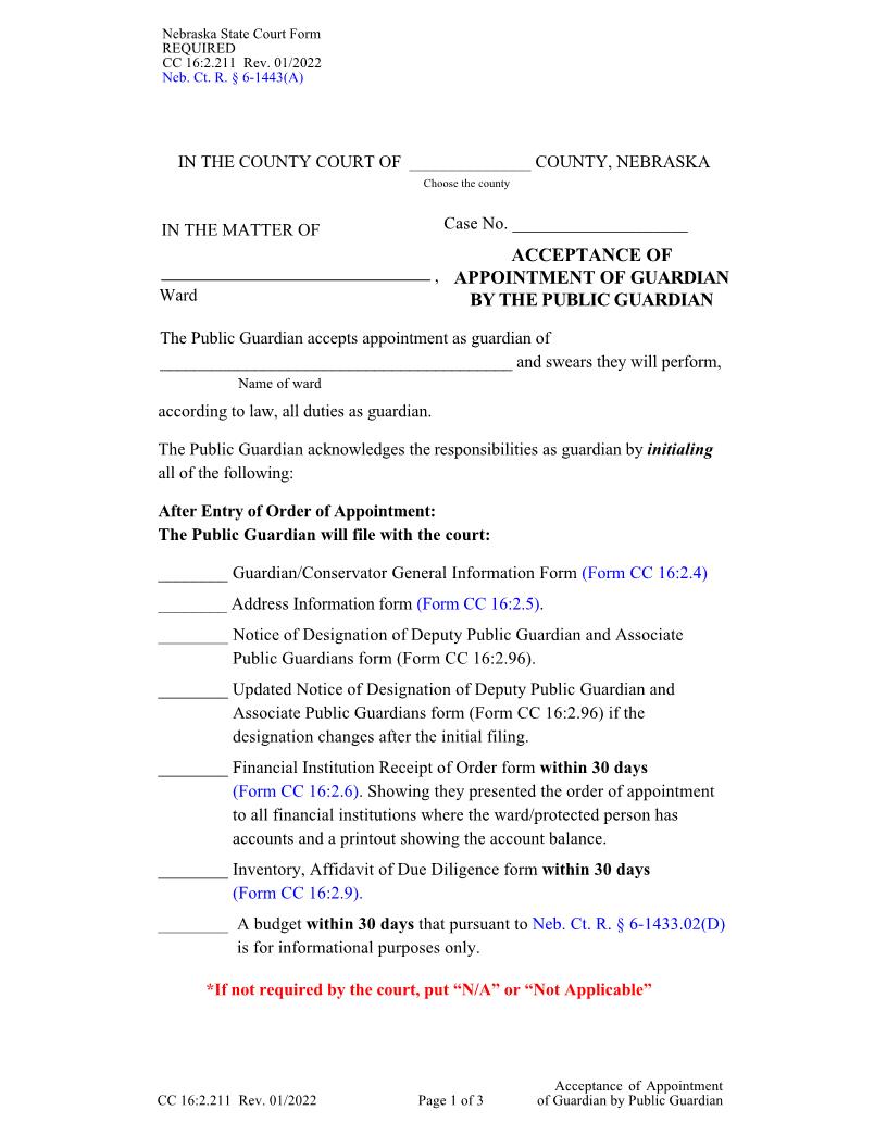 Acceptance Of Appointment Of Guardian By The Public Guardian {CC-16-2-211} | Pdf Fpdf Docx | Nebraska