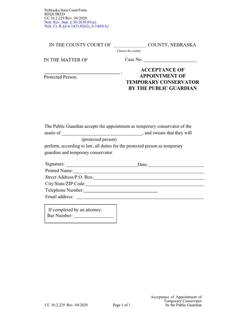Acceptance Of Appointment Of Temporary Conservator By The Public Guardian {CC-16-2-229} | Pdf Fpdf Doc Docx | Nebraska