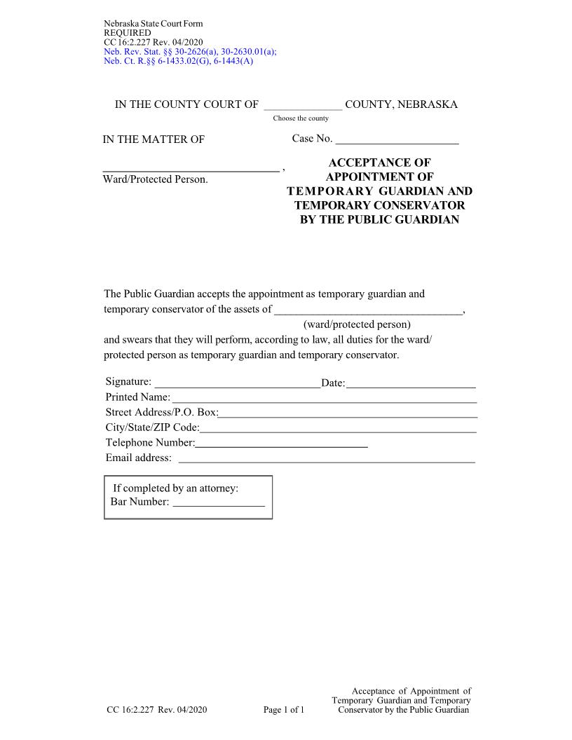Acceptance Of Appointment Of Temporary Guardian And Temporary Conservator {CC-16-2-227} | Pdf Fpdf Doc Docx | Nebraska