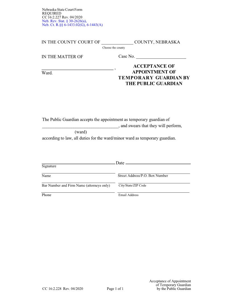Acceptance Of Appointment Of Temporary Guardian By The Public Guardian {CC-16-2-228} | Pdf Fpdf Doc Docx | Nebraska