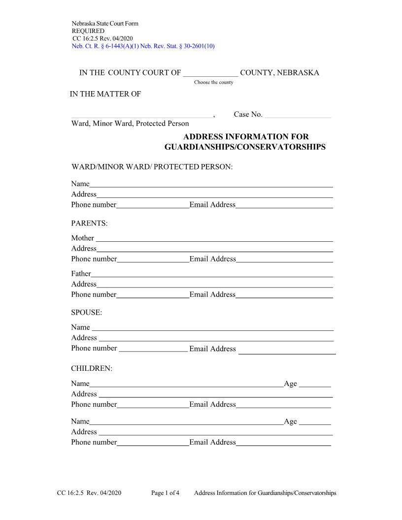 Address Information For Guardianships Conservatorships {CC-16-2-5} | Pdf Fpdf Docx | Nebraska