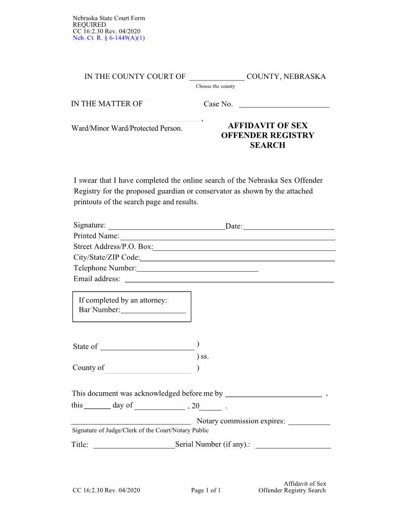 Affidavit Of Sex Offender Registry Search {CC-16-2-30} | Pdf Fpdf Docx | Nebraska