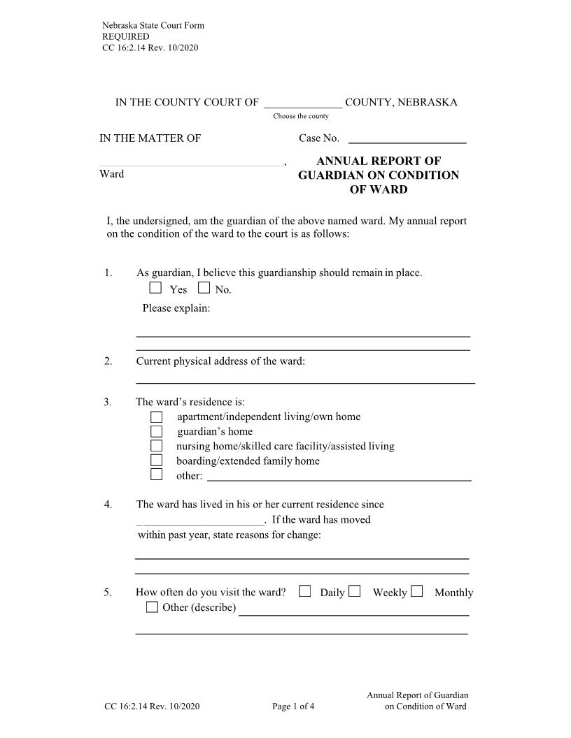 Annual Report Of Guardian On Condition Of Ward {CC-16-2-14} | Pdf Fpdf Docx | Nebraska