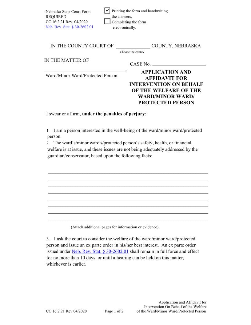 Application And Affidavit For Intervention On Behalf Of The Welfare Of The Ward {CC-16-2-21} | Pdf Fpdf Docx | Nebraska