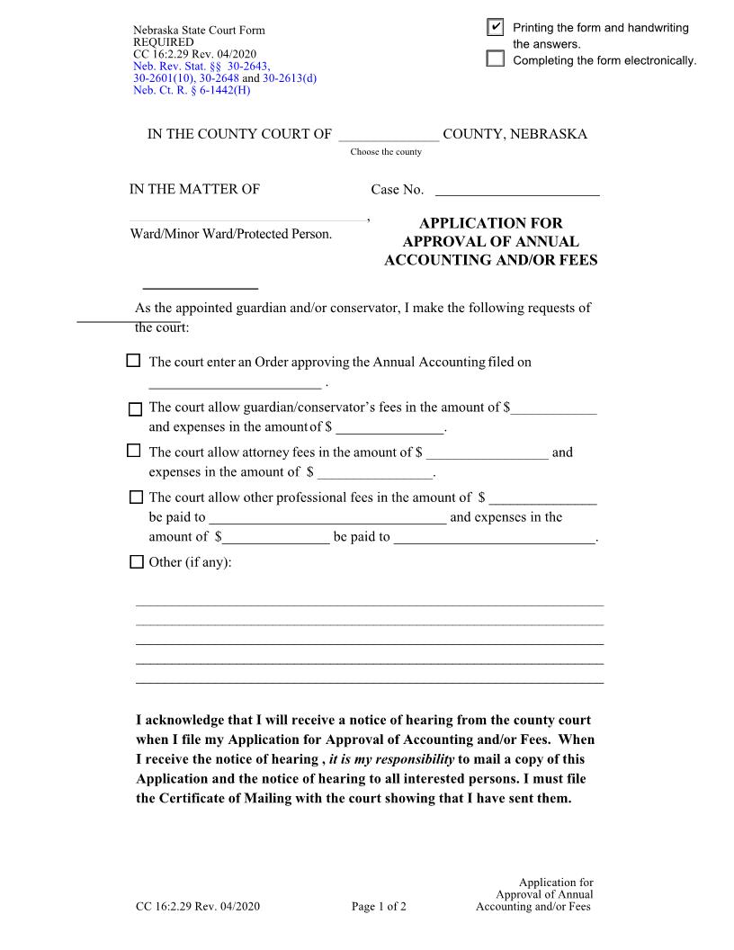 Application For Approval Of Annual Accounting And Or Fees {CC-16-2-29} | Pdf Fpdf Docx | Nebraska