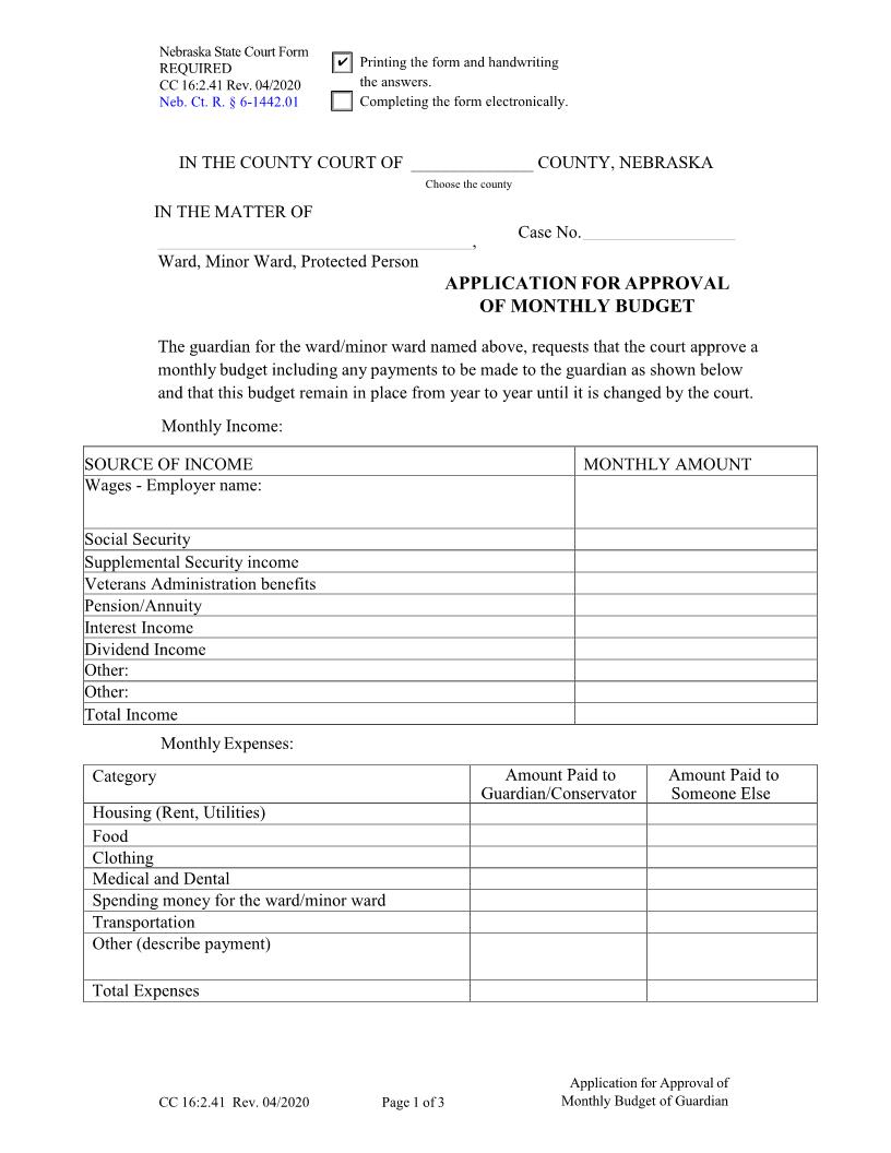 Application For Approval Of Monthly Budget {CC-16-2-41} | Pdf Fpdf Docx | Nebraska