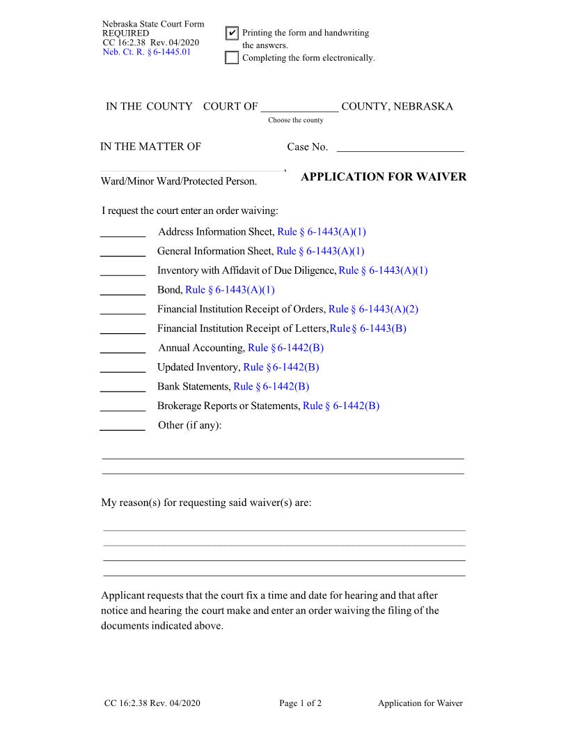 Application For Waiver {CC-16-2-38} | Pdf Fpdf Docx | Nebraska