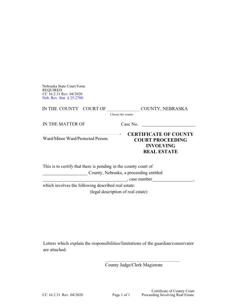 Certificate Of County Court Proceeding Involving Real Estate {CC-16-2-31} | Pdf Fpdf Docx | Nebraska