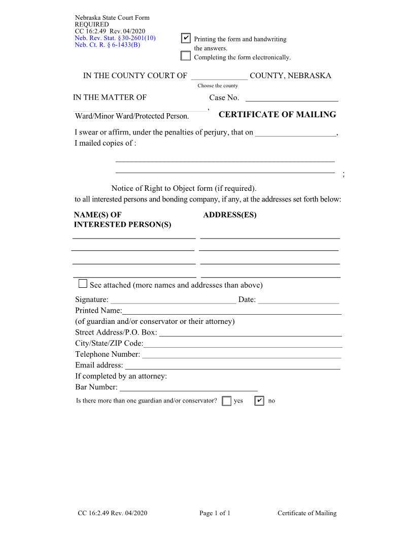 Certificate Of Mailing {CC-16-2-49} | Pdf Fpdf Docx | Nebraska