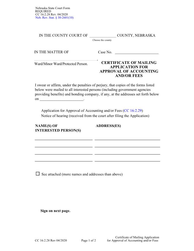 Certificate Of Mailing Application For Approval Of Accounting And Or Fees {CC-16-2-28} | Pdf Fpdf Docx | Nebraska
