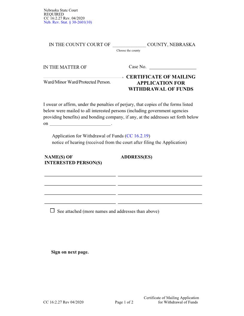Certificate Of Mailing Application For Withdrawal Of Funds {CC-16-2-27} | Pdf Fpdf Docx | Nebraska