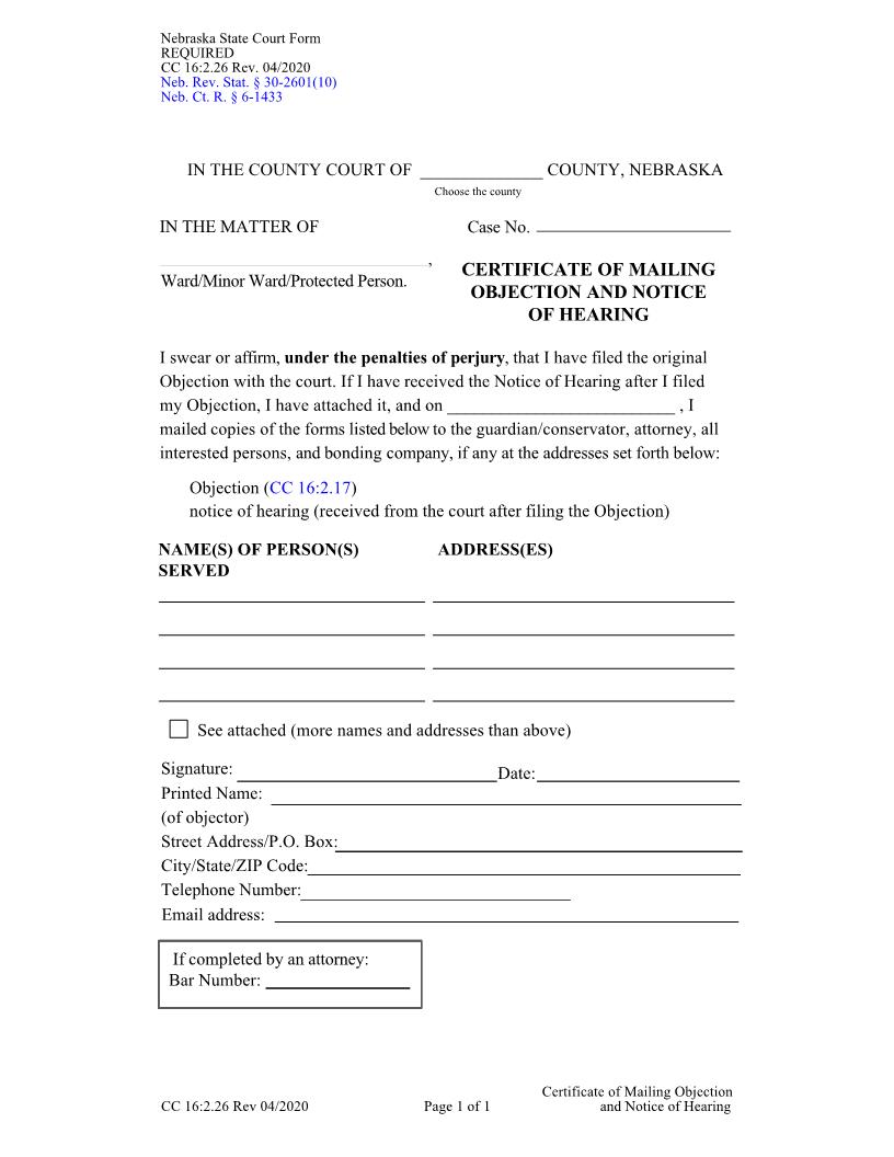Certificate Of Mailing Objection And Notice Of Hearing {CC-16-2-26} | Pdf Fpdf Docx | Nebraska