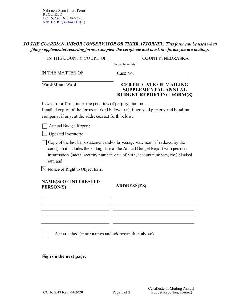 Certificate Of Mailing Supplemental Annual Budget Reporting Forms {CC-16-2-48} | Pdf Fpdf Docx | Nebraska