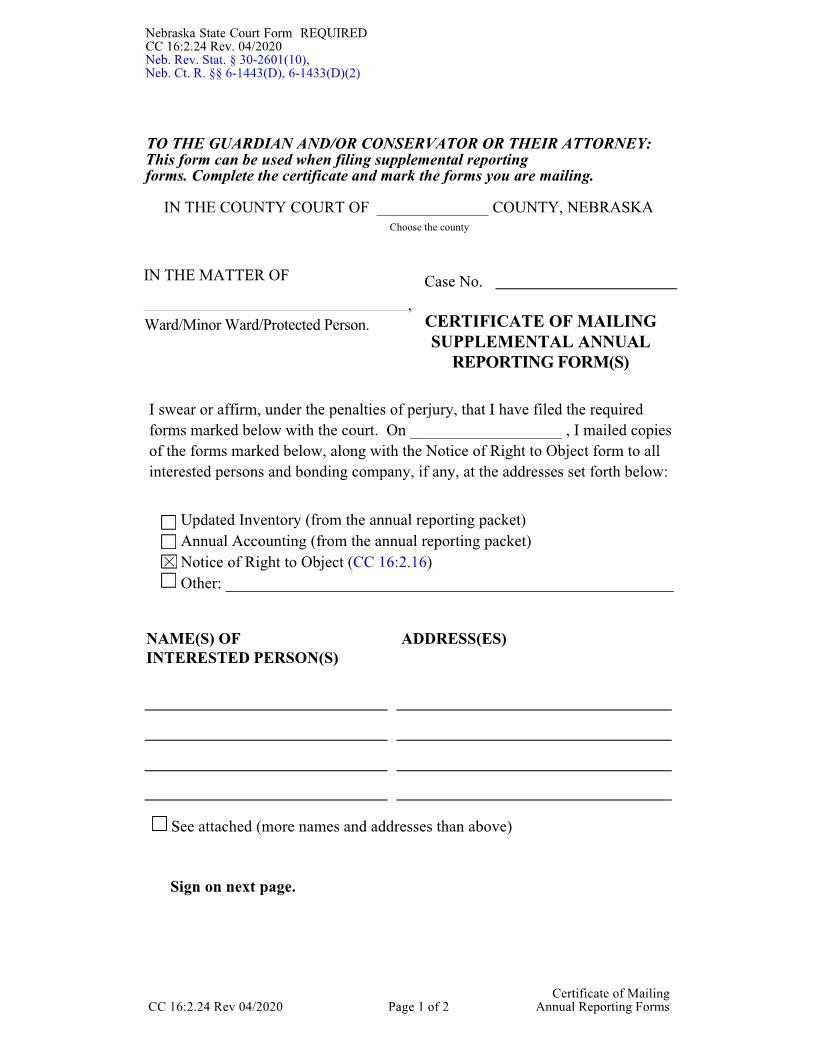 Certificate Of Mailing Supplemental Annual Reporting Forms {CC-16-2-24} | Pdf Fpdf Docx | Nebraska