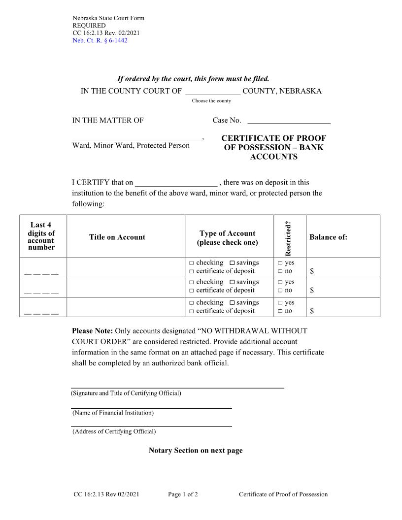 Certificate Of Proof Of Possession {CC-16-2-13} | Pdf Fpdf Docx | Nebraska