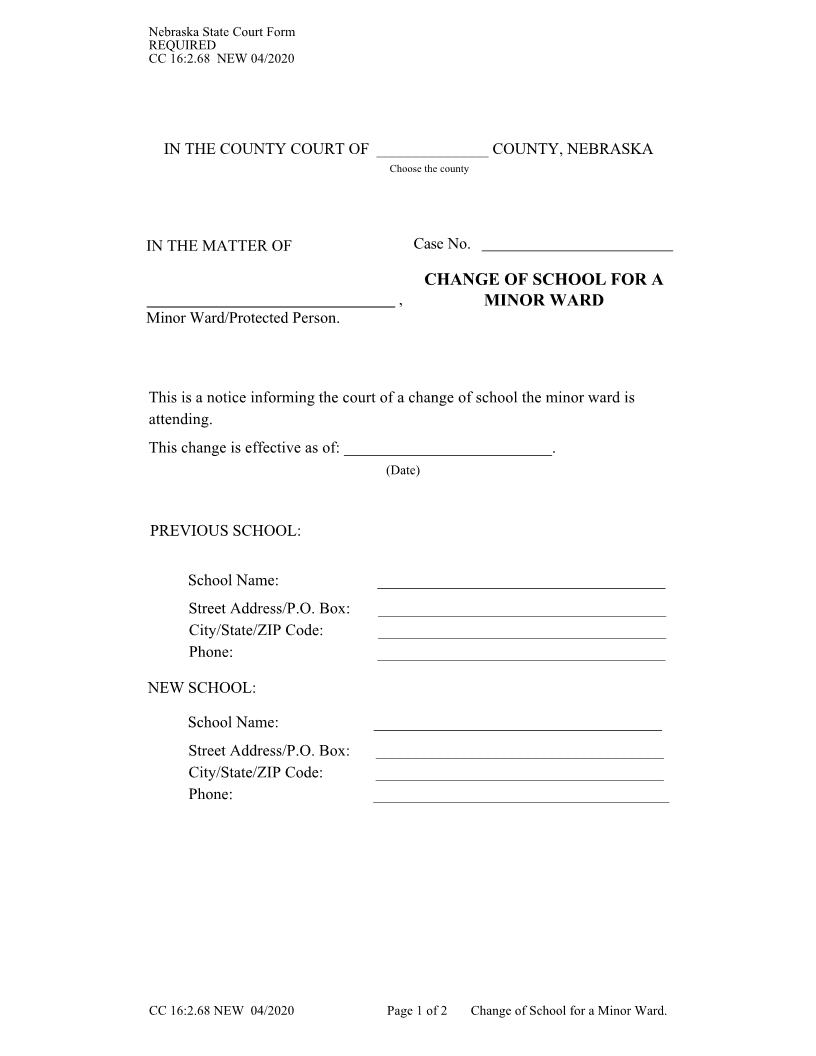 Change Of School For A Minor Ward {CC-16-2-68} | Pdf Fpdf Docx | Nebraska