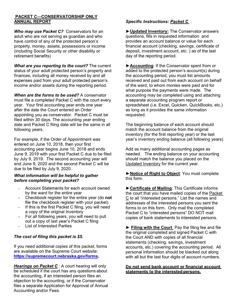 Conservatorship Annual Reporting Forms Packet C {CC-16-2-35} | Pdf Fpdf Docx | Nebraska