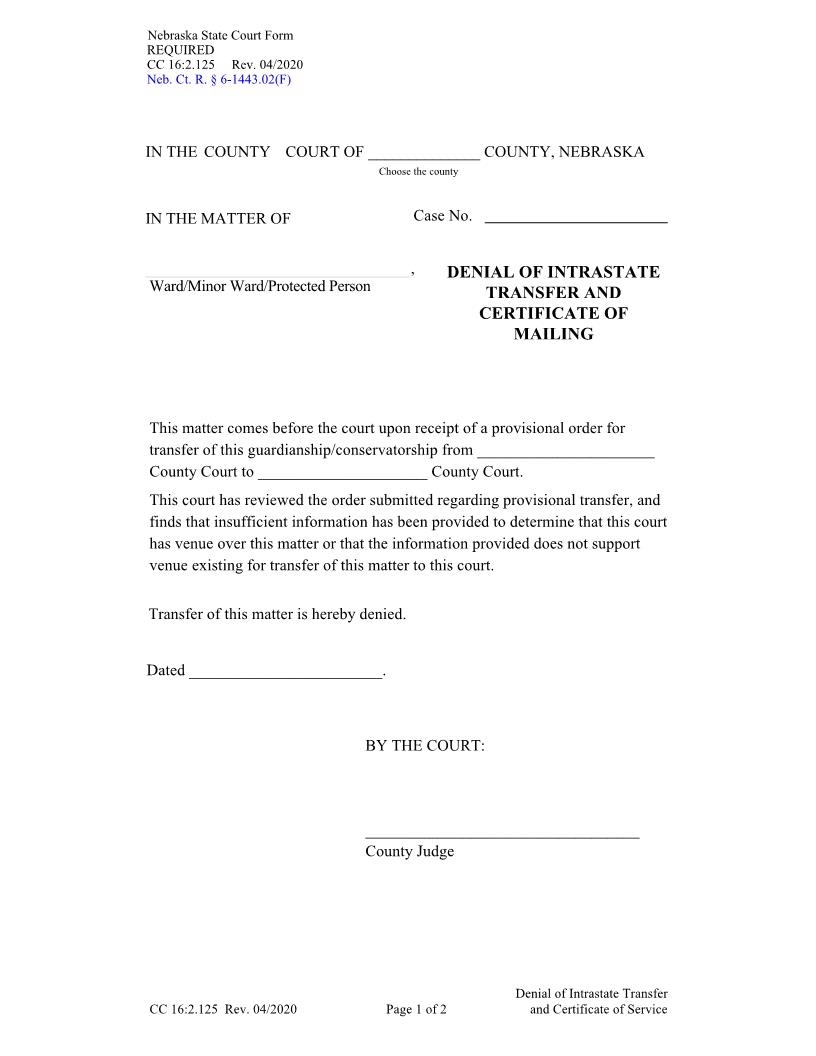 Denial Of Intrastate Transfer And Certificate Of Mailing {CC-16-2-125} | Pdf Fpdf Docx | Nebraska