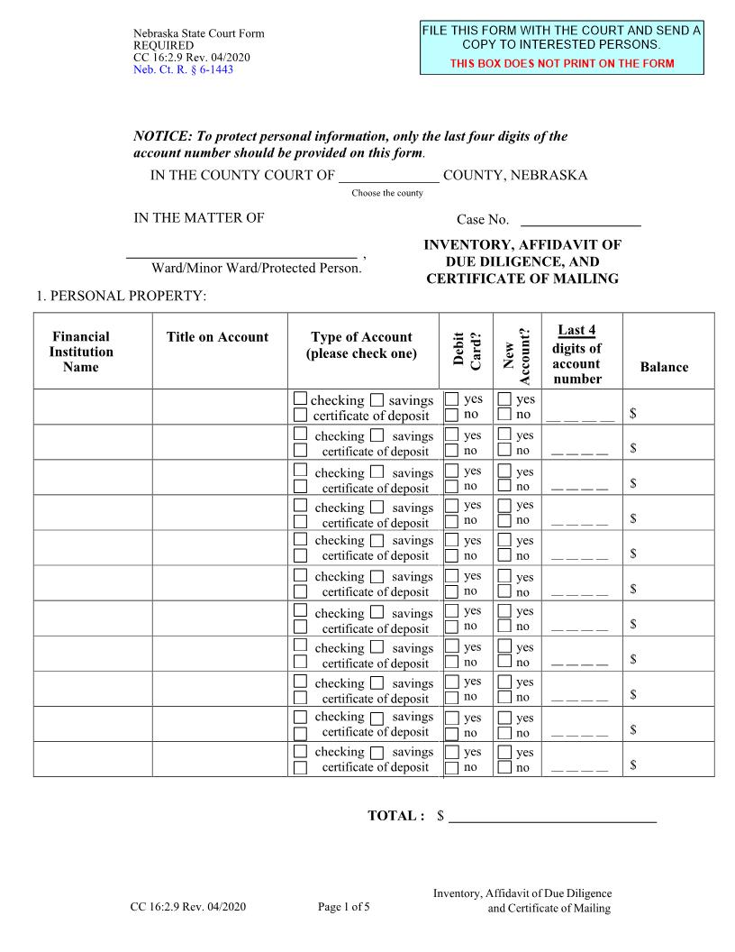 Inventory Affidavit Of Due Diligence And Certificate Of Mailing {CC-16-2-9} | Pdf Fpdf Docx | Nebraska