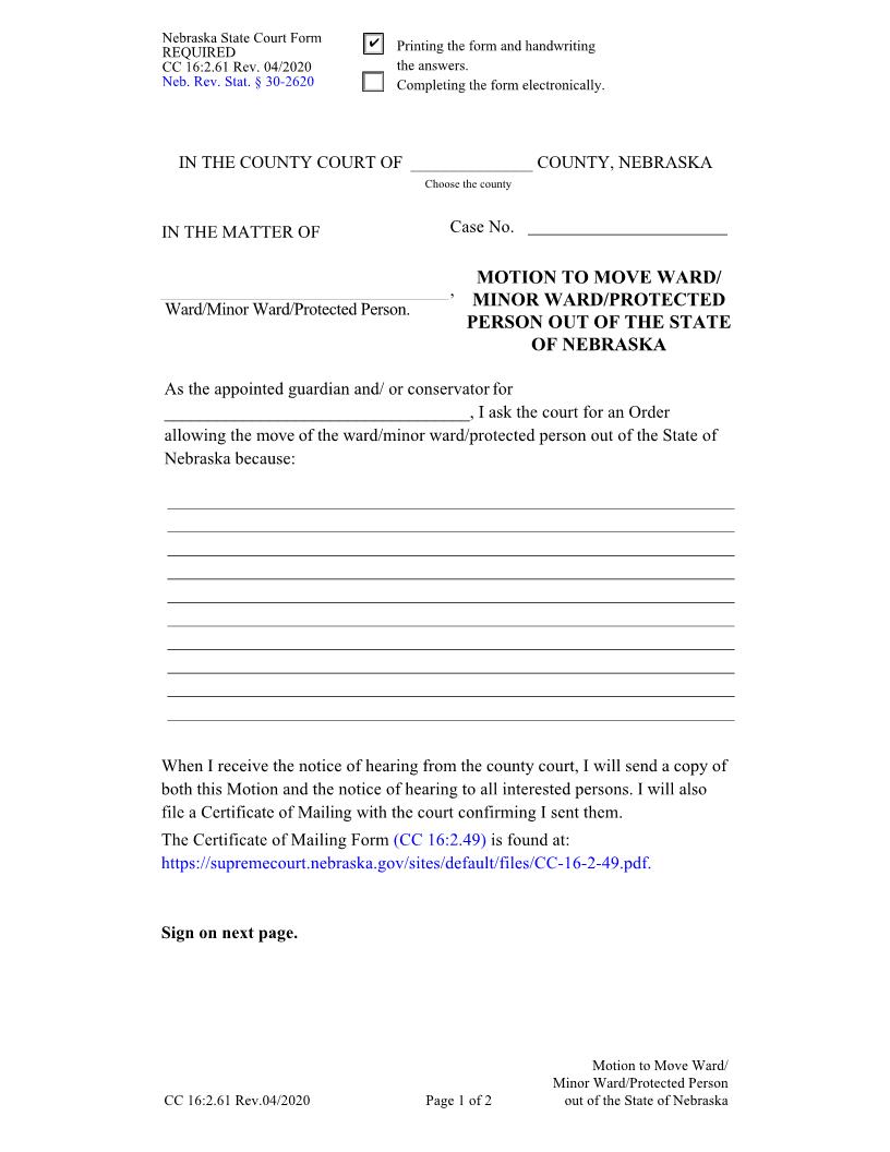 Motion To Move Ward Minor Ward Protected Person Out Of The State Of Nebraska {CC-16-2-61} | Pdf Fpdf Docx | Nebraska