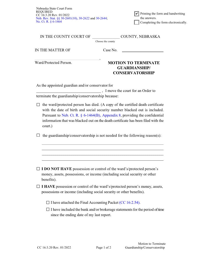 Motion To Terminate Guardianship Conservatorship {CC-16-3-20} | Pdf Fpdf Docx | Nebraska