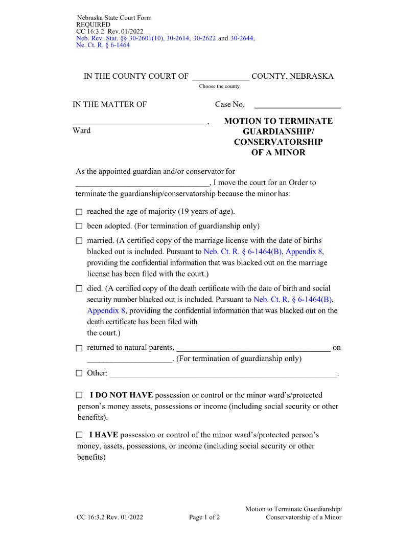 Motion To Terminate Guardianship Conservatorship Of A Minor {CC-16-3-2} | Pdf Fpdf Docx | Nebraska