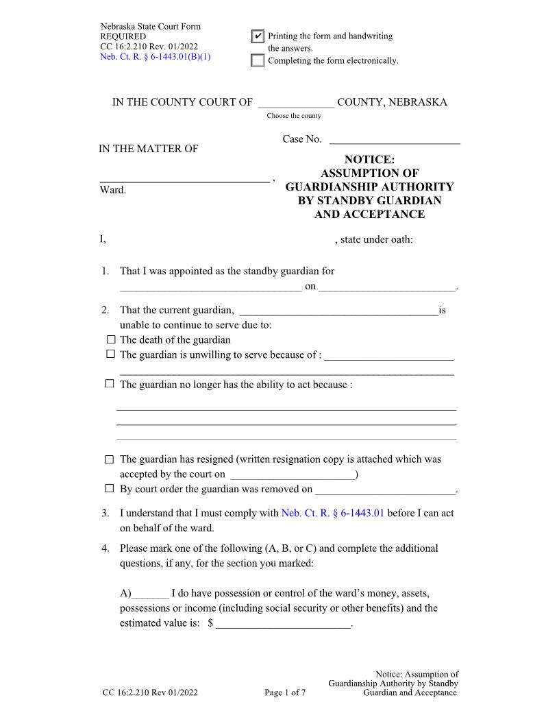 Notice Assumption Of Guardianship Authority Standby Guardian And Acceptance {CC-16-2-210} | Pdf Fpdf Docx | Nebraska