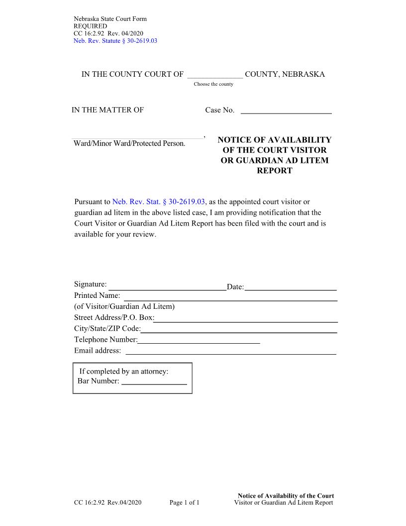 Notice Of Availability Of The Court Visitor Or Guardian Ad Litem Report {CC-16-2-92} | Pdf Fpdf Docx | Nebraska