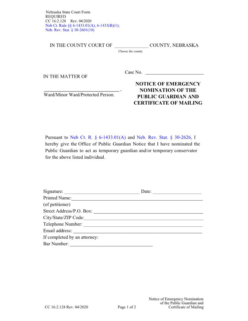 Notice Of Emergency Nomination Of The Public Guardian And Certificate Of Mailing {CC-16-2-128} | Pdf Fpdf Docx | Nebraska