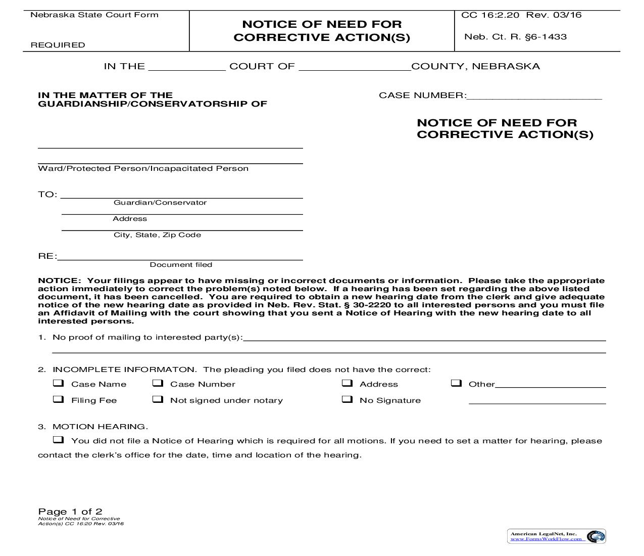 Notice Of Need For Corrective Action {CC-16-2-20} |  | Nebraska