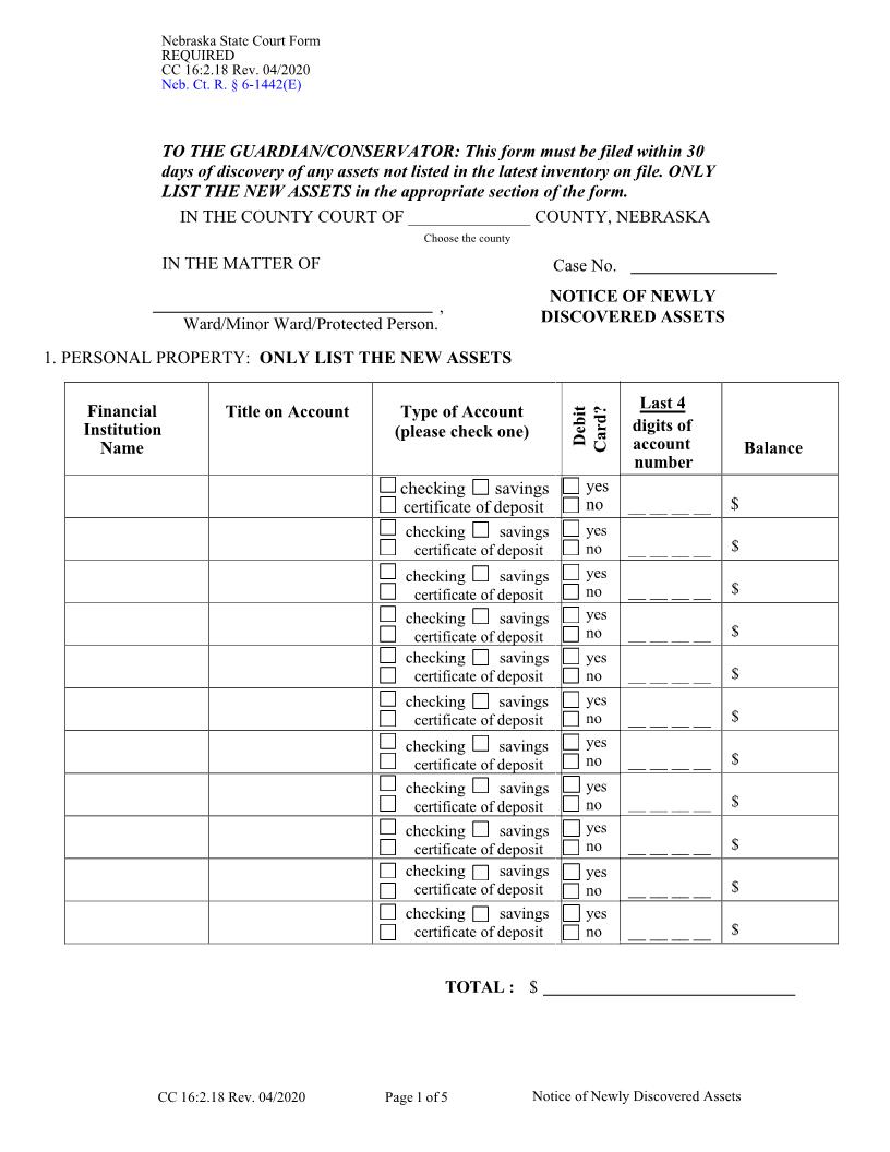 Notice Of Newly Discovered Assets {CC-16-2-18} | Pdf Fpdf Docx | Nebraska